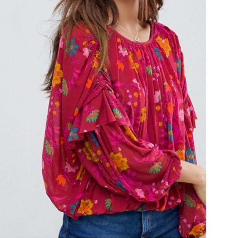 Free People Whimsy Floral Print Berry Pink Ruffled Pleated Draped Blouse XS